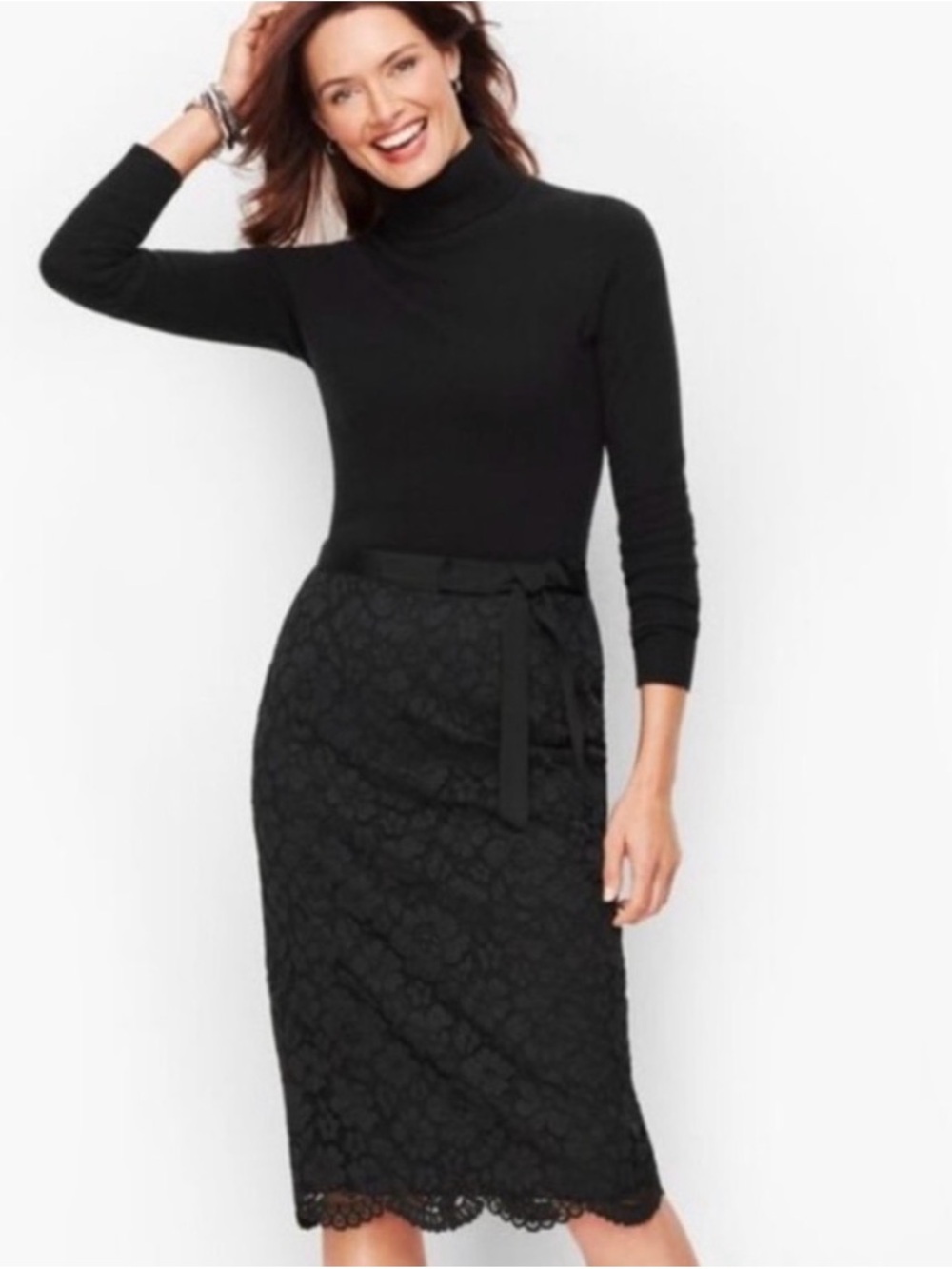 10 Talbots Women’s Black Lace Midi Skirt with Waist Tie Business Casual Formal